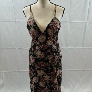 Dress Forum Black Strapless Slip Dress with Pink Rose Print